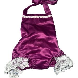 Purple Satin Baby Romper with Lace Trim